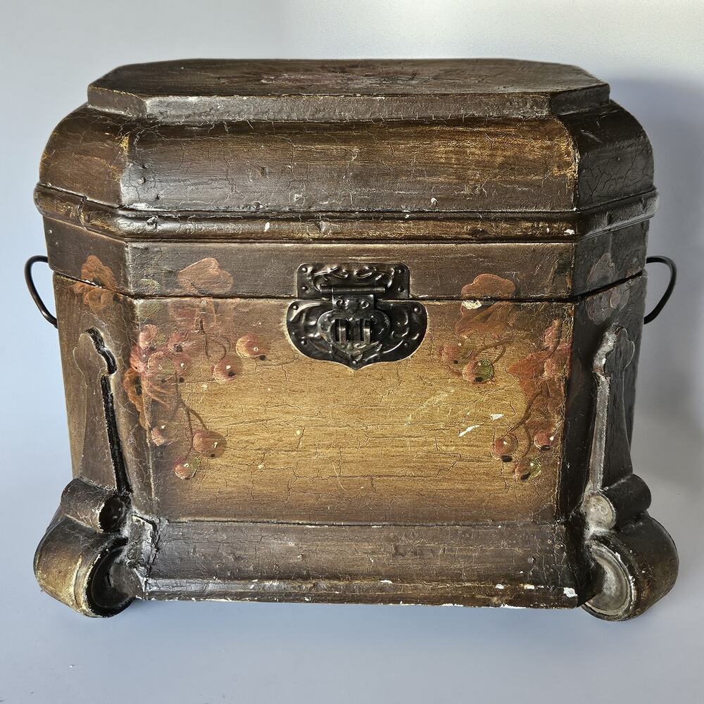 Vtg Hand Painted Floral Toleware Wooden Box Crackle Folk Art Dark Academia 10x12